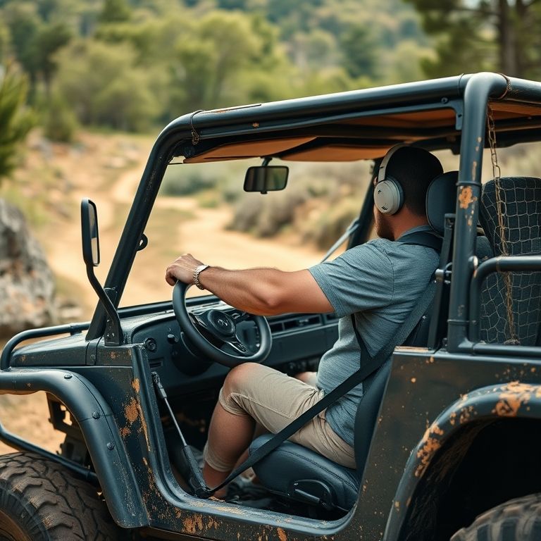 Pessoa dirigindo 4x4 em trilha fácil, demonstrando confiança.