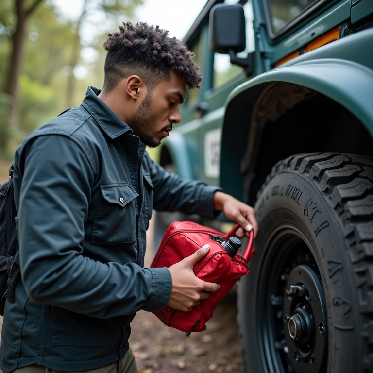 Pessoa inspecionando os pneus e equipamentos de emergência de seu 4x4.