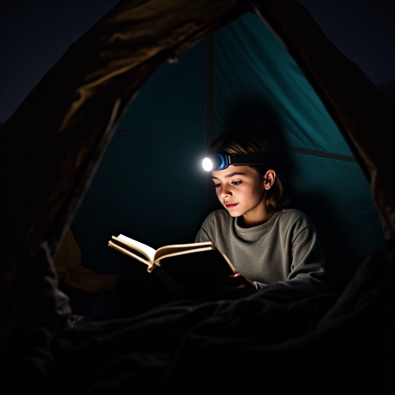 Pessoa lendo em uma barraca à noite com uma lanterna de cabeça.