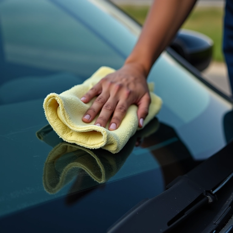 Pessoa limpando os vidros e espelhos de um carro com microfibra.