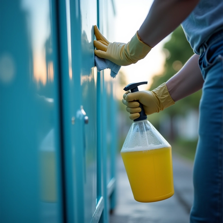 Pessoa limpando um vaso sanitário portátil com produtos de limpeza.