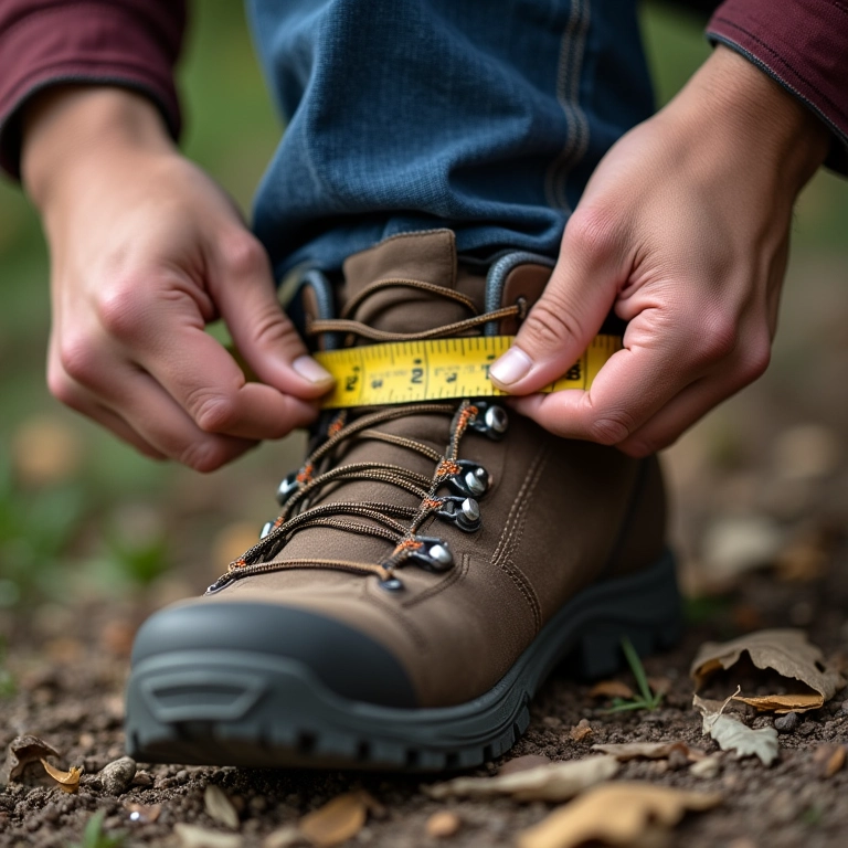 Pessoa medindo o pé para saber o tamanho certo da bota de trilha.