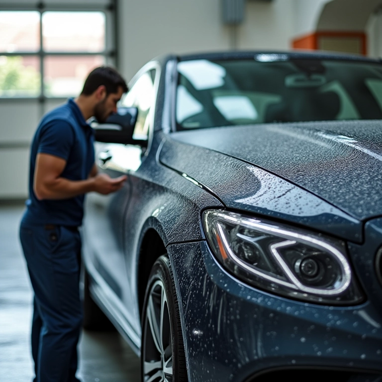 Pessoa olhando para um carro limpo, pensando na frequência ideal de lavagem.