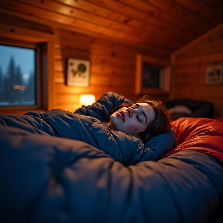 Pessoa relaxando em saco de dormir -10°C em cabana aconchegante.