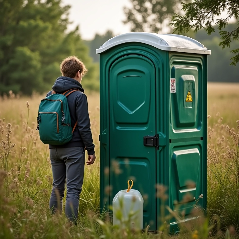 Pessoa usando um vaso sanitário portátil ecológico em um ambiente natural.