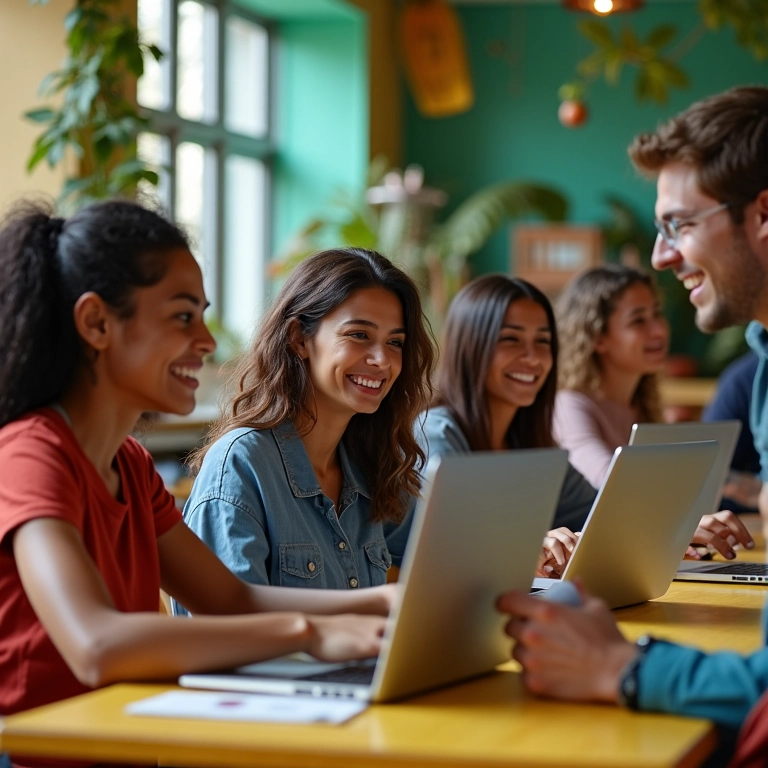 Pessoas diversas trabalhando em laptops, representando o sucesso com blogs.