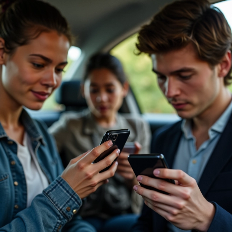 Pessoas diversas usando carregadores automotivos em um carro.