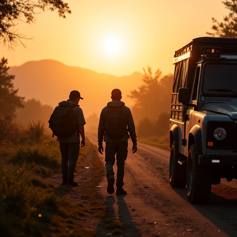 Pessoas preparando a partida em veículo 4x4 da Serra do Cipó ao amanhecer.