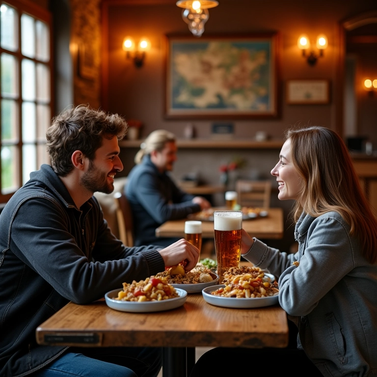 Pessoas saboreando comida alemã e cerveja artesanal em restaurante acolhedor no Vale Europeu.