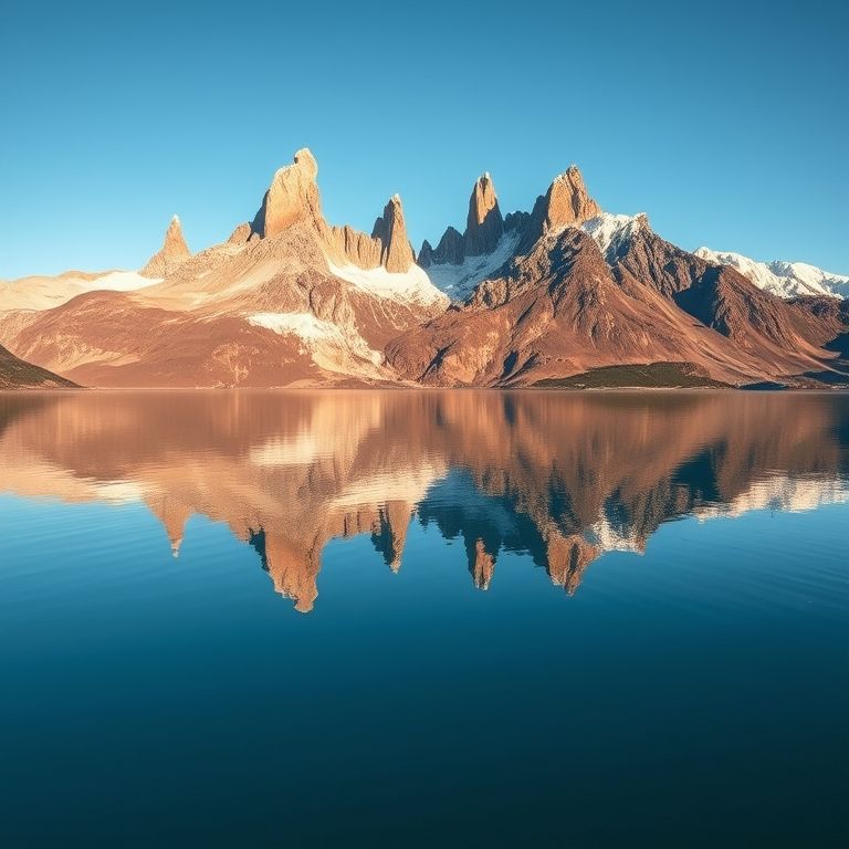 Picos de granito do Parque Nacional Torres del Paine refletidos em um lago calmo.