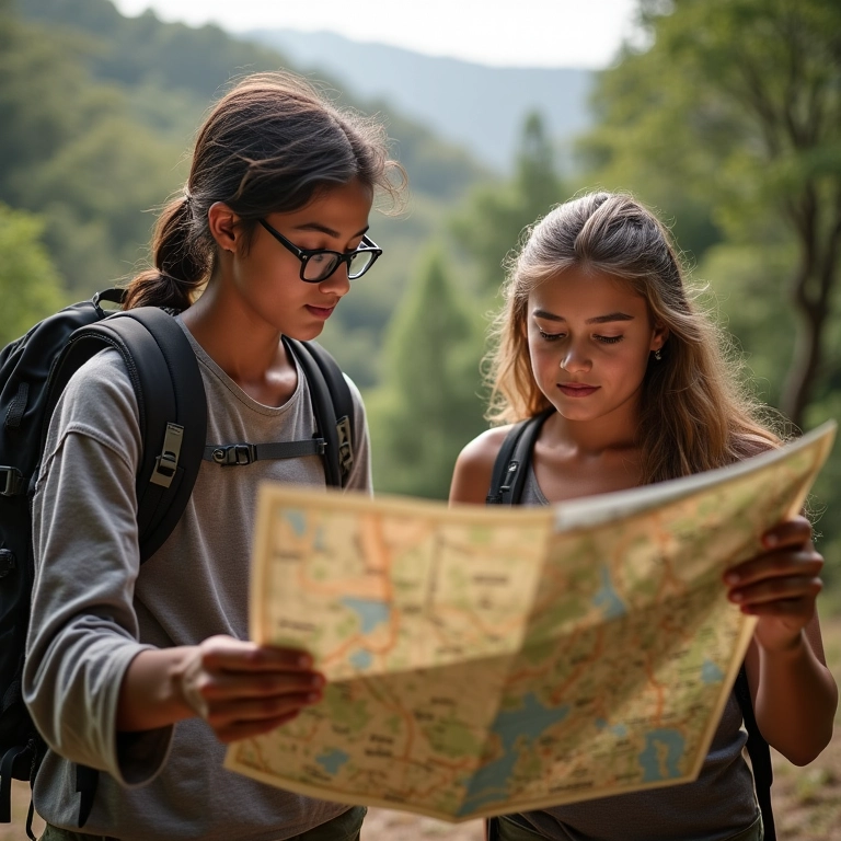 Planejamento off road: duas pessoas estudando mapa antes da aventura.