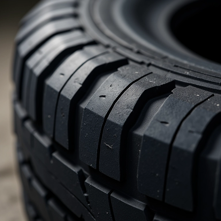 Pneu remoldado mostrando a junção da nova banda de rodagem.