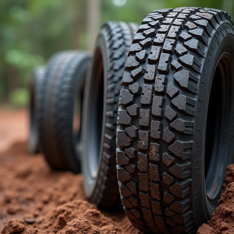 Pneus adequados para off road: detalhe dos sulcos profundos e laterais reforçadas.