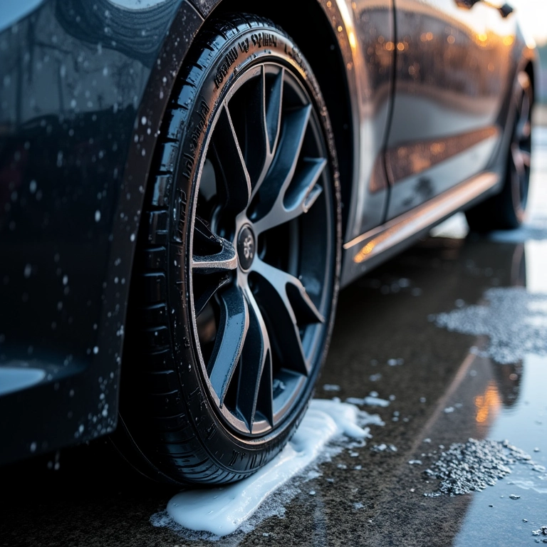 Pneus e rodas limpos após a lavagem do carro.