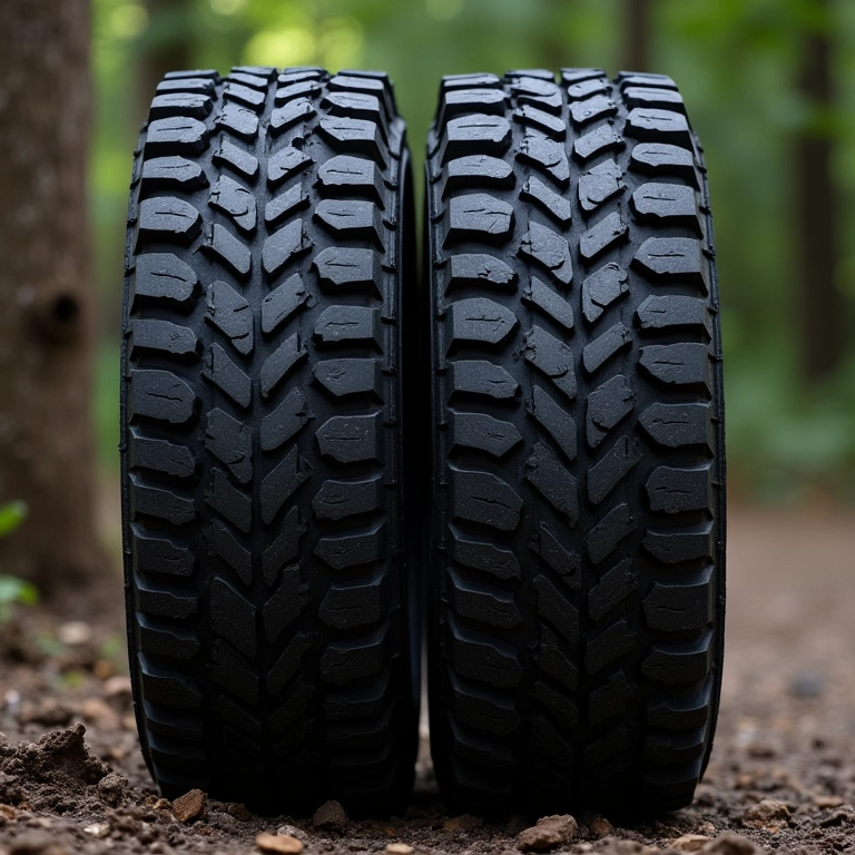 Pneus off-road com sulcos agressivos para melhor tração.