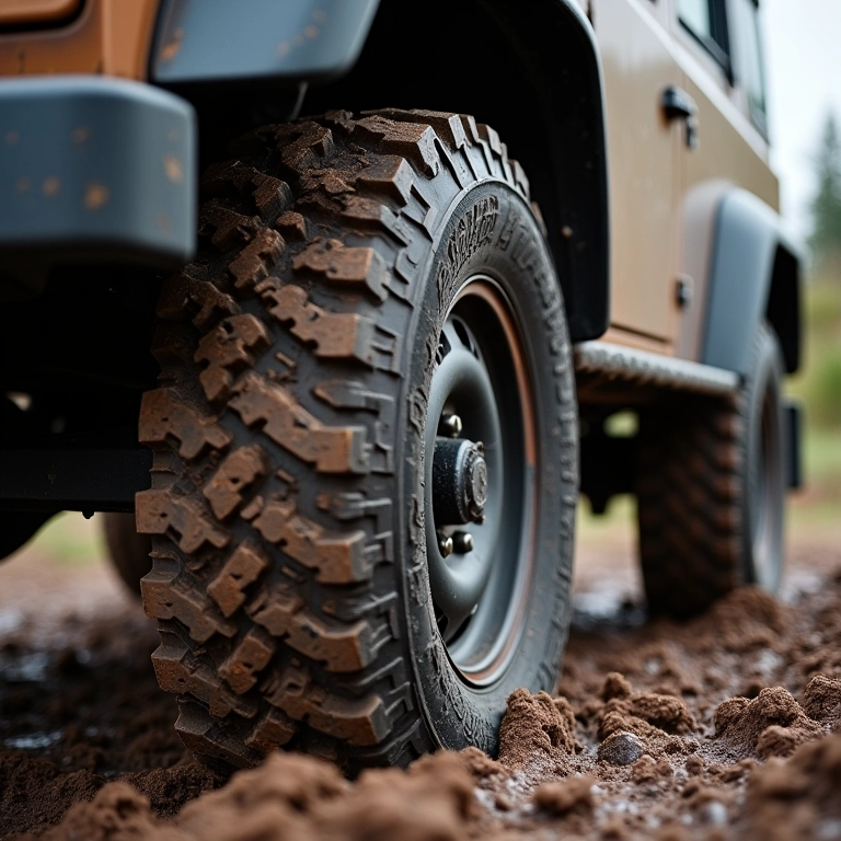 Pneus off-road de veículo 4x4 em terreno lamacento, garantindo segurança na aventura.