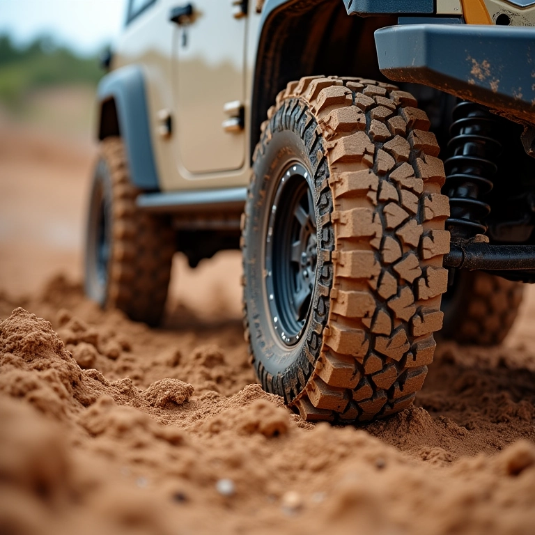 Pneus off-road em diferentes terrenos: lama, areia e rocha.