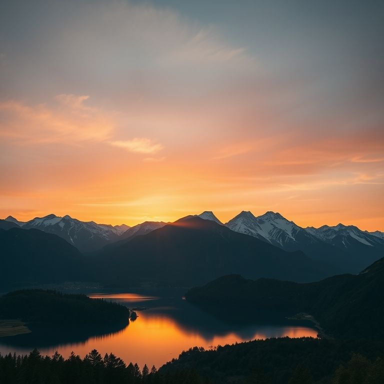 Pôr do sol sobre os Andes perto de Bariloche, com reflexo no lago.