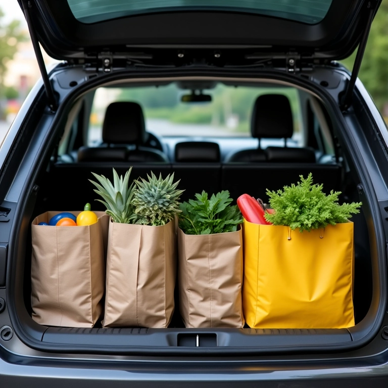 Porta-malas de um carro cheio de compras e sacolas, foco no espaço e organização.