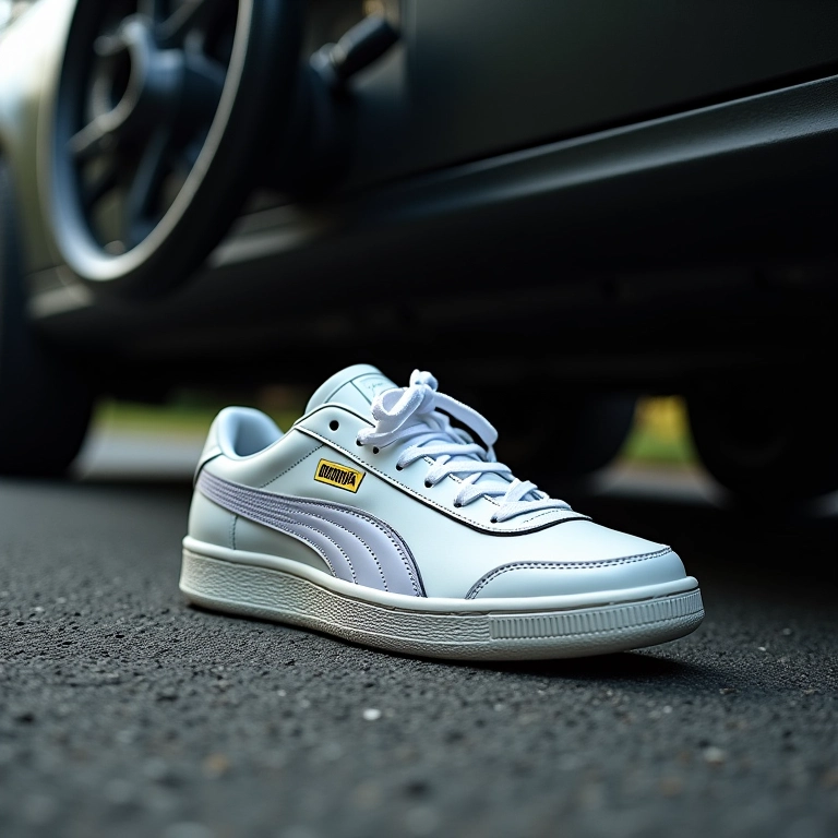 Puma Roma Basic no assoalho do carro, estilo retrô.