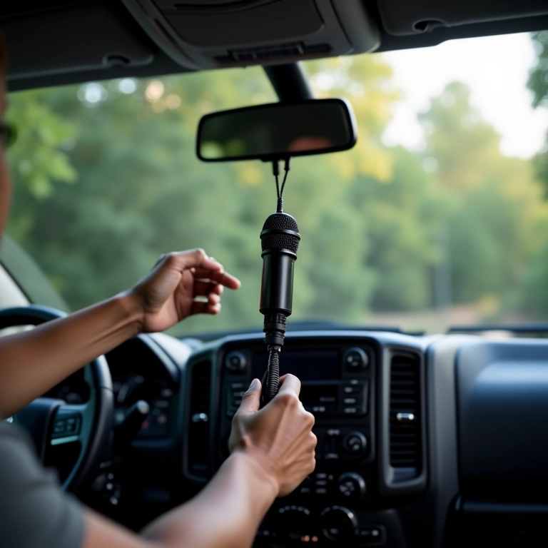Rádio comunicador instalado no painel de um veículo 4x4.