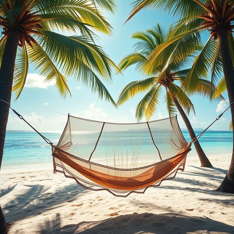 Rede de descanso com mosquiteiro em uma praia tropical paradisíaca.