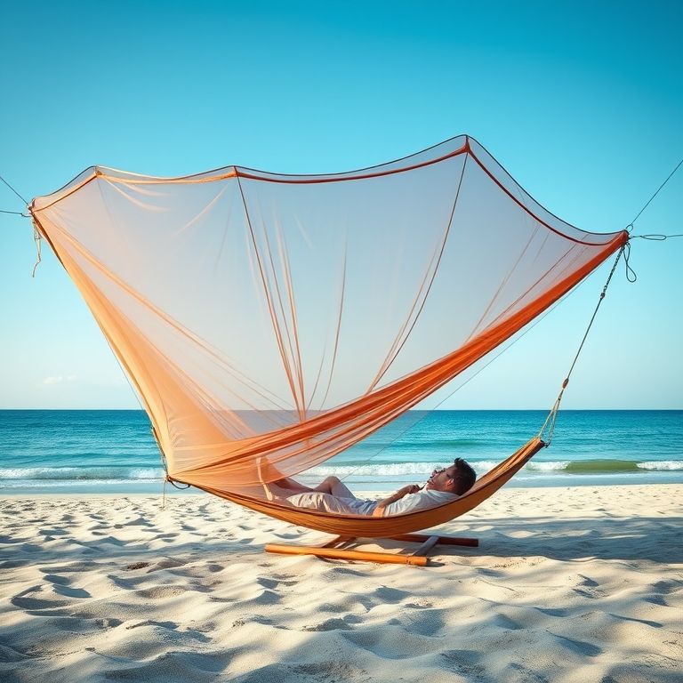 Rede de descanso com mosquiteiro usada como cama confortável na praia.