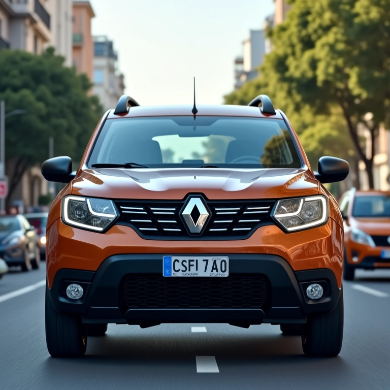 Renault Duster dirigindo suavemente em uma rua movimentada da cidade brasileira.