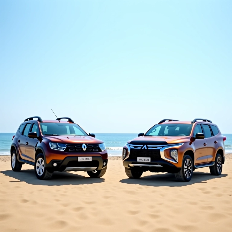 Renault Duster e Mitsubishi TR4 lado a lado em uma praia brasileira.