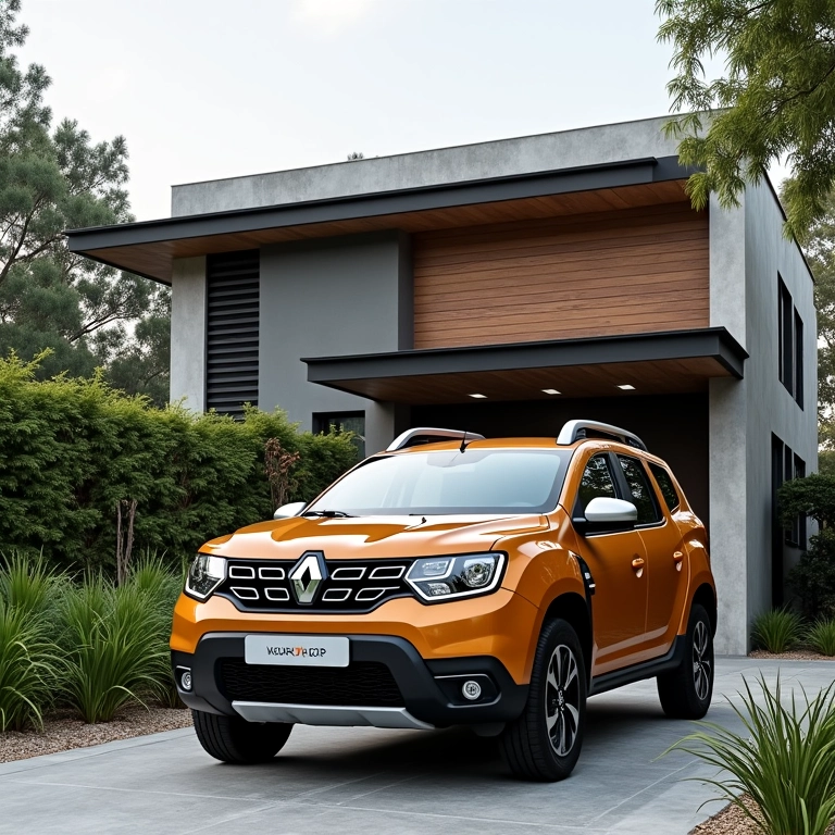 Renault Duster estacionado em frente a uma casa brasileira moderna com decoração Farm Rio.