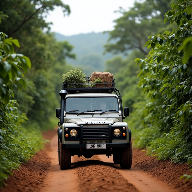 Rota do Cacau em Abrolhos explorada por um veículo 4x4, com plantações exuberantes.