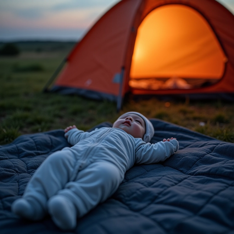 Saco de dormir para recém-nascido em um acampamento, foco na segurança e conforto.