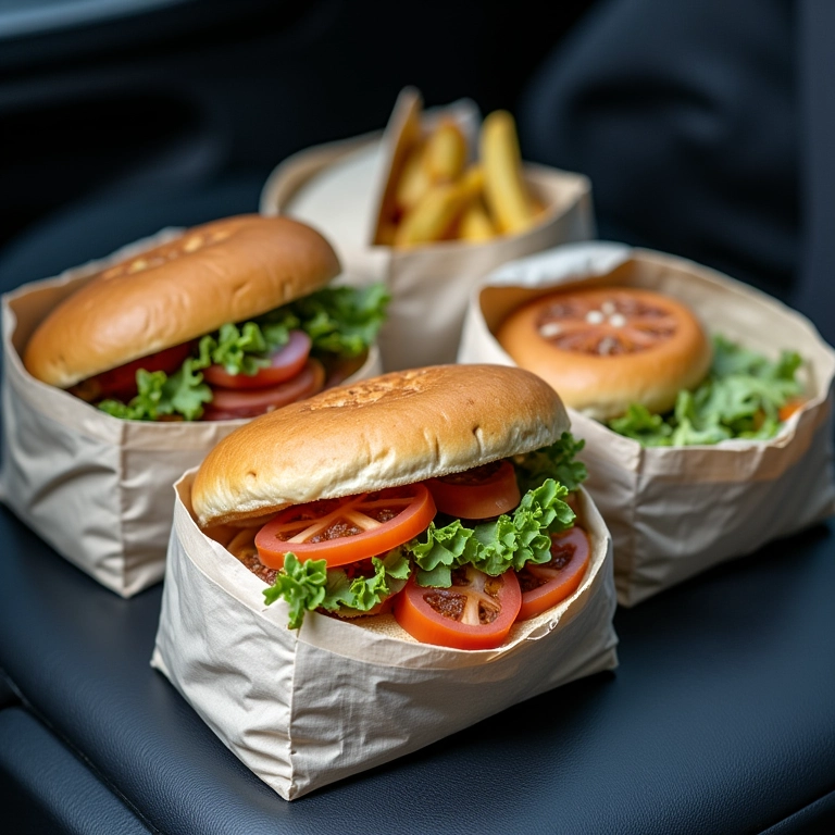 Sanduíches e wraps com recheios variados, embalados em recipientes reutilizáveis, no assento de um veículo.