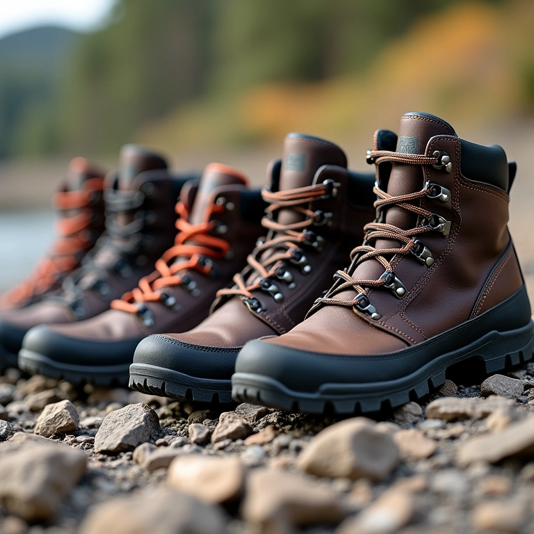 Seleção de botas e tênis masculinos para trilha e camping em terreno rochoso.
