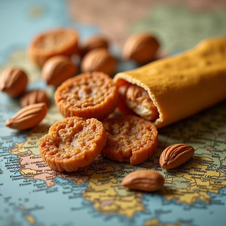 Seleção de snacks de alta energia exibidos em um mapa, destacando o conteúdo de proteína.