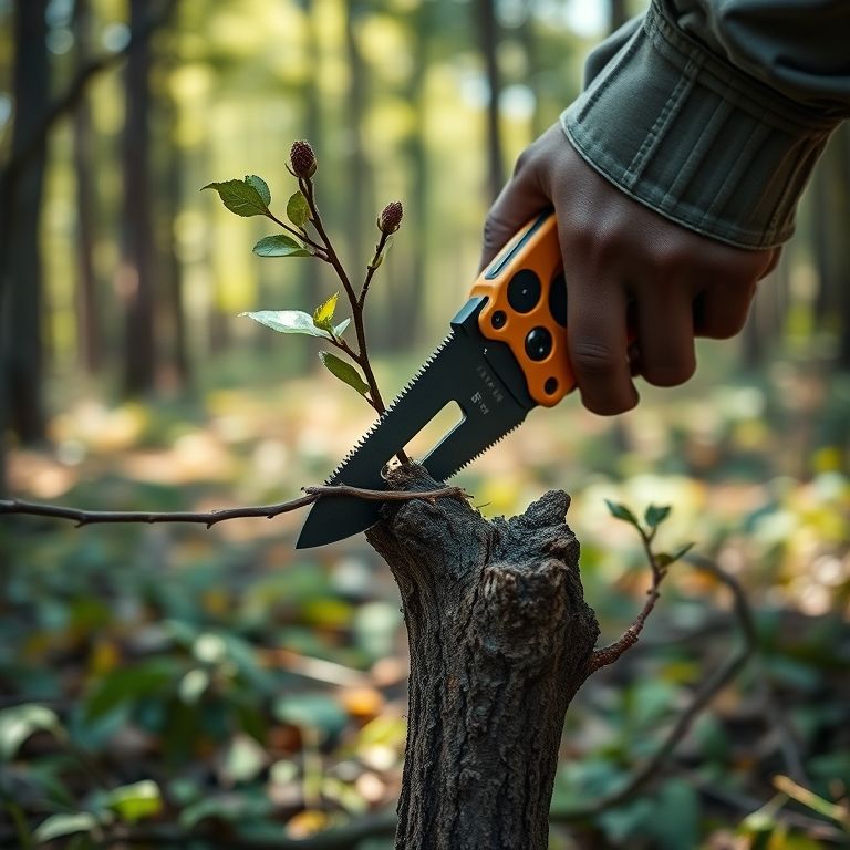 Serra de canivete multifuncional cortando galho na floresta.