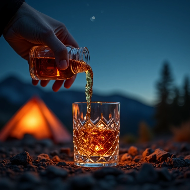 Servindo whisky em copo de cristal sob a luz das estrelas.