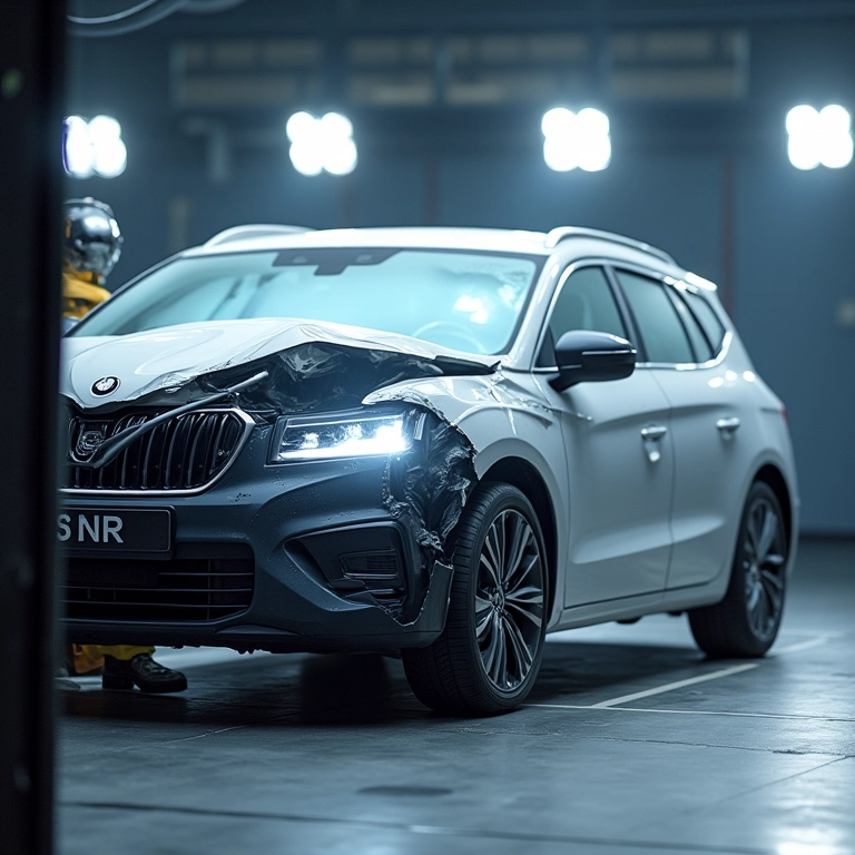 Simulação de teste de colisão de carro, foco no acionamento do airbag e integridade estrutural.