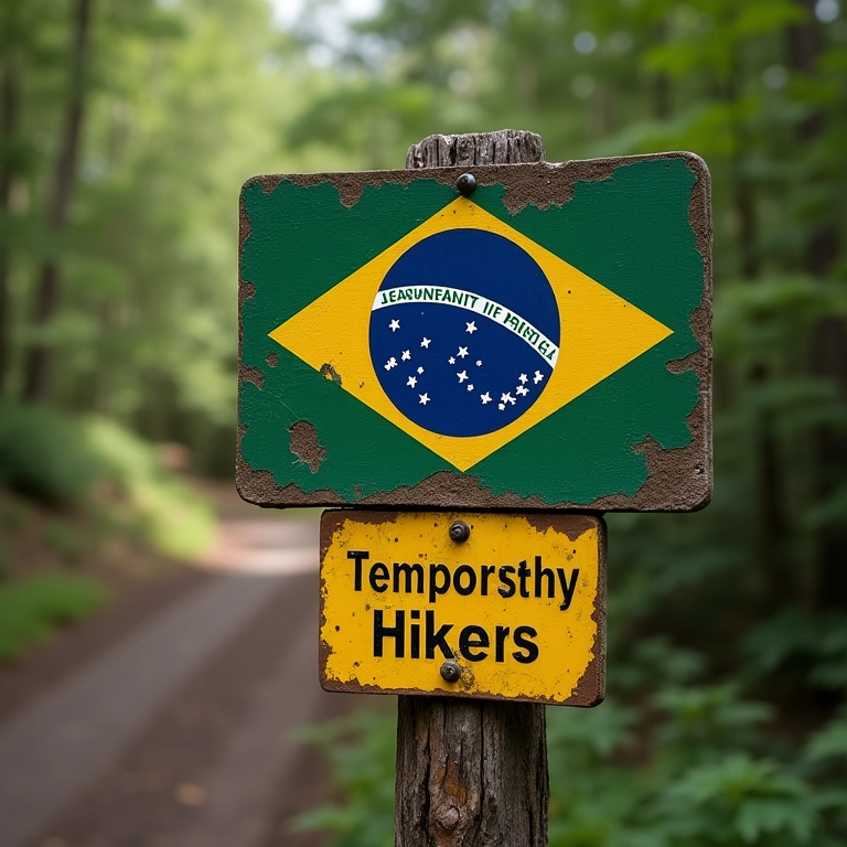 Sinalização temporária em trilha indicando desvio por manutenção.
