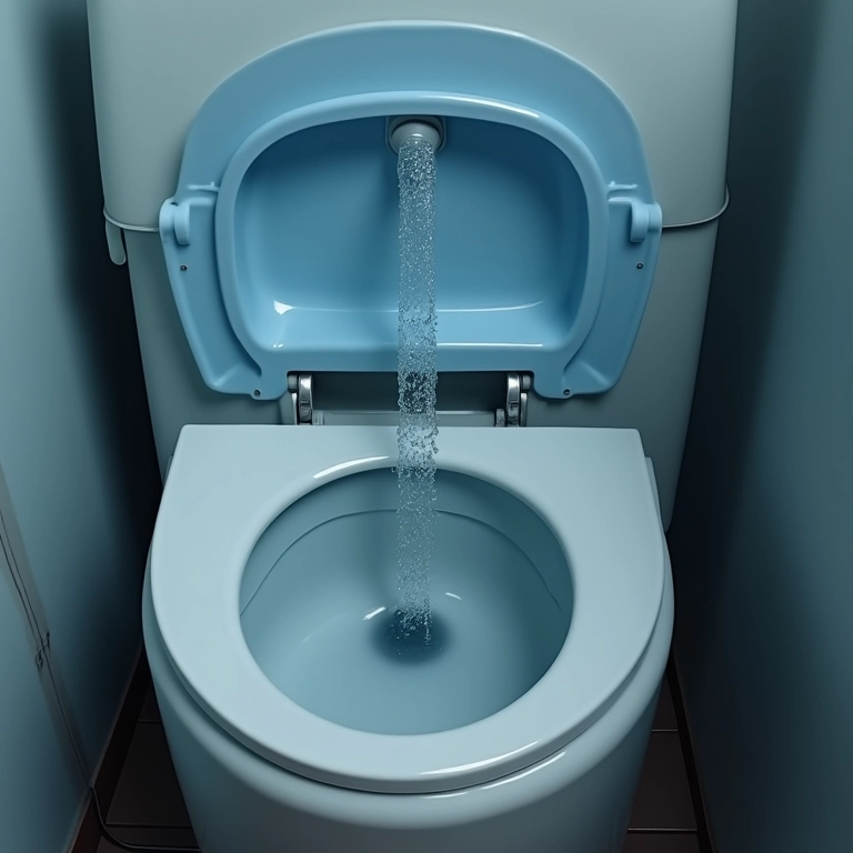 Sistema de descarga e limpeza de um vaso sanitário portátil em close-up.