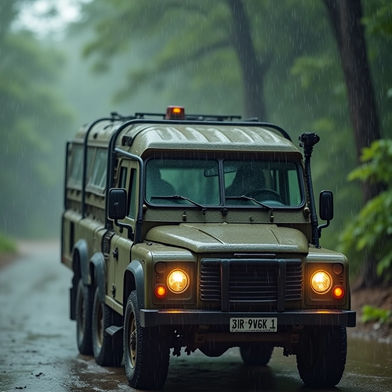 Snorkel Safari Snorkel em um veículo 4x4 durante chuva forte.