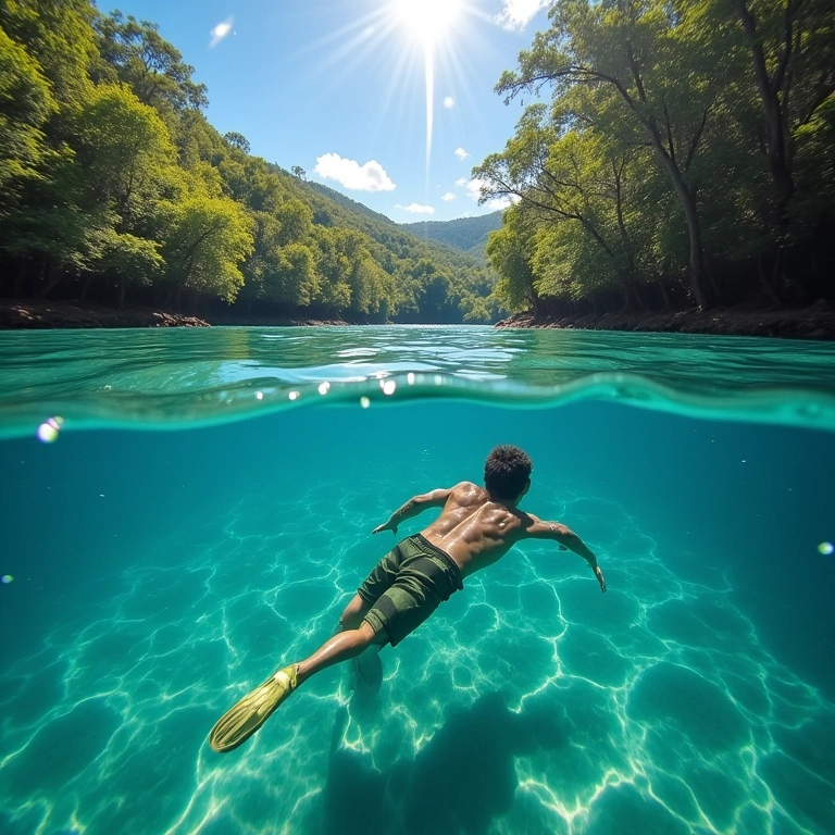 Snorkeling em rio de águas cristalinas em Bonito, MS.