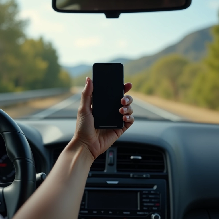Suporte com garras segurando um celular em estrada irregular.