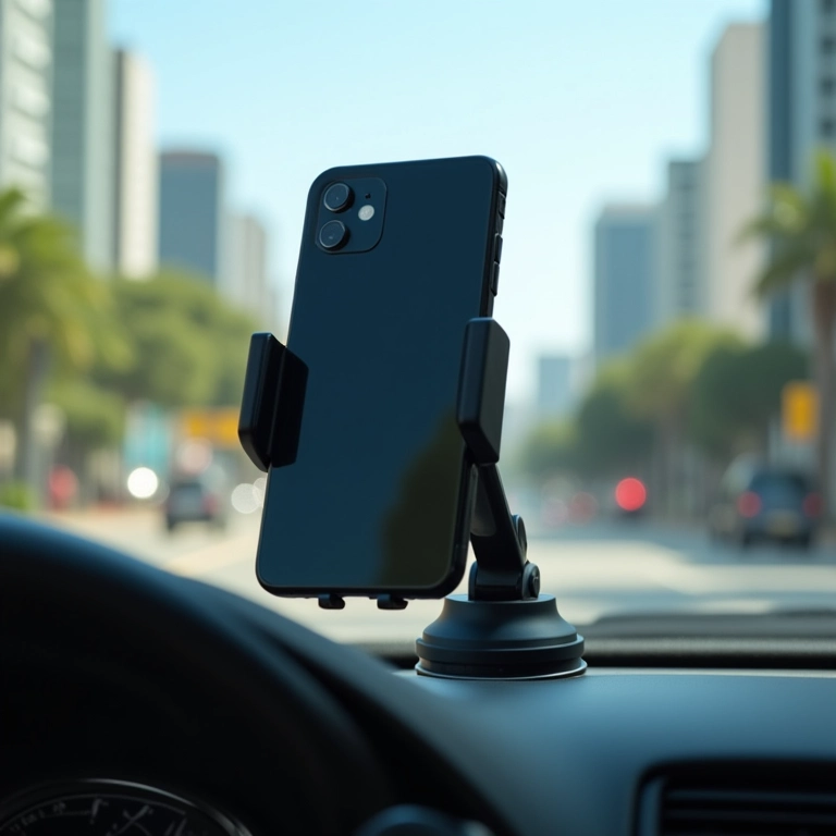 Suporte de celular com ventosa fixado no para-brisa.