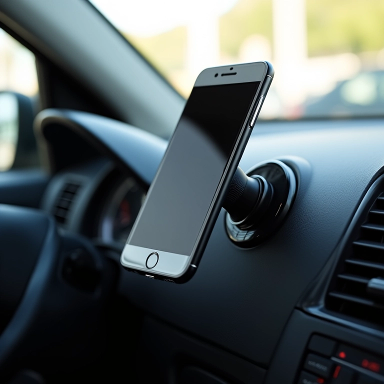 Suporte magnético segurando um celular no painel do carro.