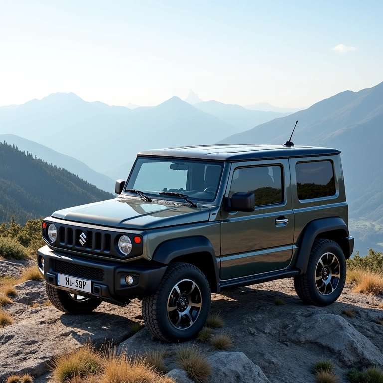 Suzuki Jimny estacionado no pico da montanha com vista panorâmica.