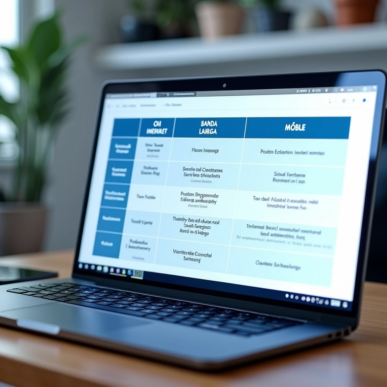Tabela comparativa dos serviços de internet da Oi (Fibra, Banda Larga, Móvel) em tela de laptop.