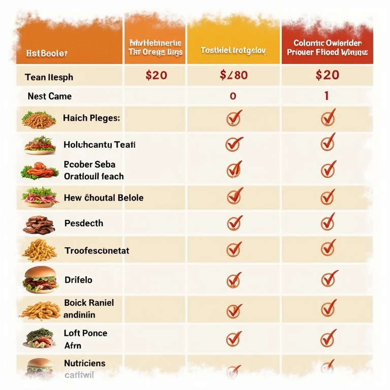 Tabela facilitadora destacando opções de comida com contagem de calorias e informações nutricionais.
