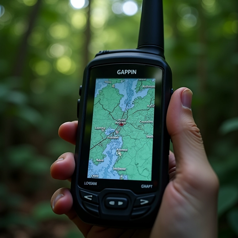 Tela de GPS mostrando mapa detalhado em floresta densa.