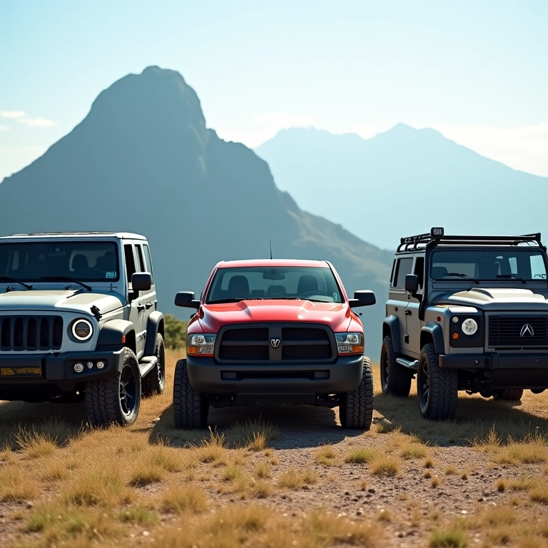 Tipos de veículos off road: Jeep, SUV e pickup truck em paisagem carioca.